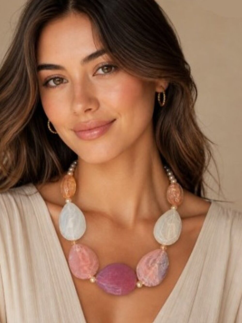 Vintage Gold Tone Pink Lucite, Faux Pearl & Peach Crystal Statement Necklace